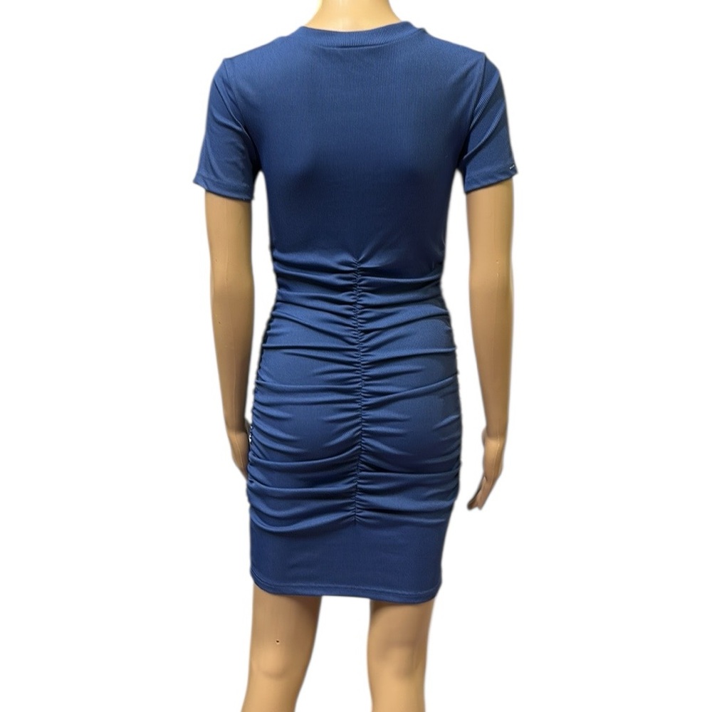 Beyove Blue Ruched Bodycon Ribbed V Neck Button Front Short Sleeve Mini Dress S - Picture 7 of 12